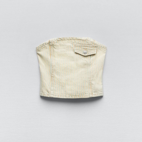 NWOT Zara Green & Yellow Striped Denim Button-Back Corset Bandeau Top - Picture 8 of 13